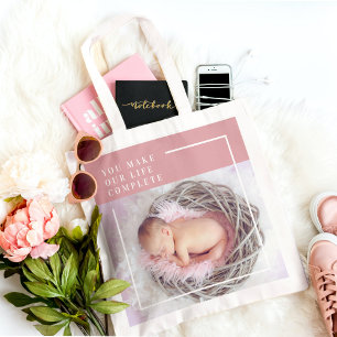 Modern Cute Baby Foto   Roze en wit   Citaat Tote Bag