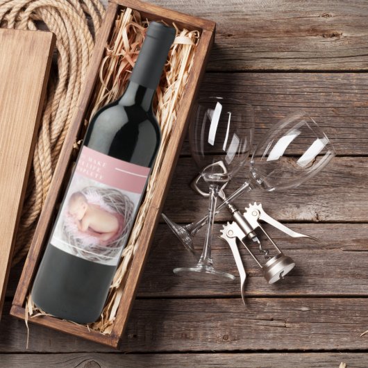 Modern Cute Baby Foto | Roze en wit | Citaat Wijn Etiket