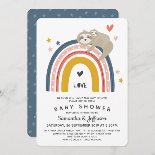 Modern Cute Baby Sloth Rainbow Baby shower Kaart (Voorkant / Achterkant)