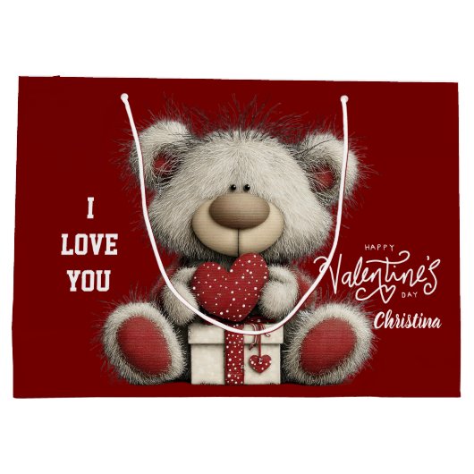 Modern Cute Bear Happy Valentines Day Name Groot Cadeauzakje (Achterkant)