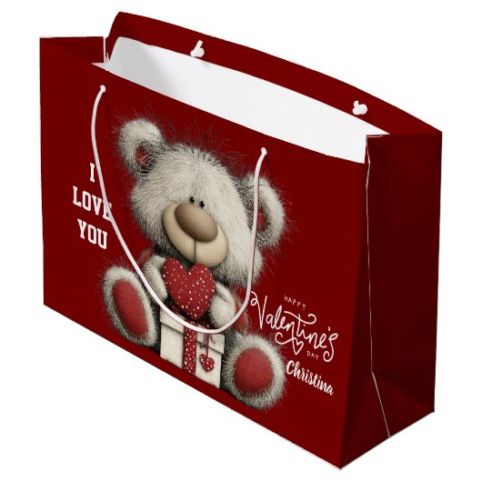 Modern Cute Bear Happy Valentines Day Name  Groot Cadeauzakje (Achterkant Gekanteld)