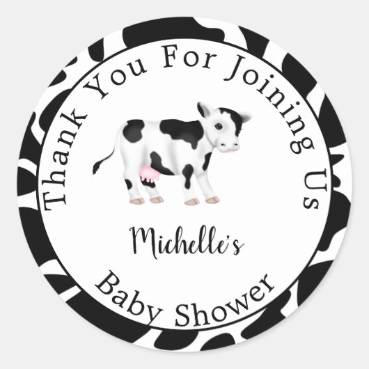 Modern Cute Black White Koe Print Baby shower Ronde Sticker (Voorkant)