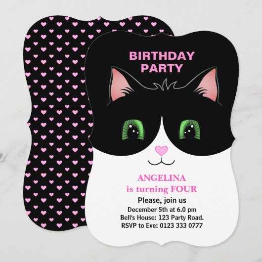 Modern Cute Black White Tuxedo Cat Invitation Kaart (Voorkant / Achterkant)