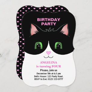 Modern Cute Black White Tuxedo Cat Invitation Kaart
