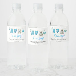 Modern Cute Blue Boy Baby shower Waterfles Etiket