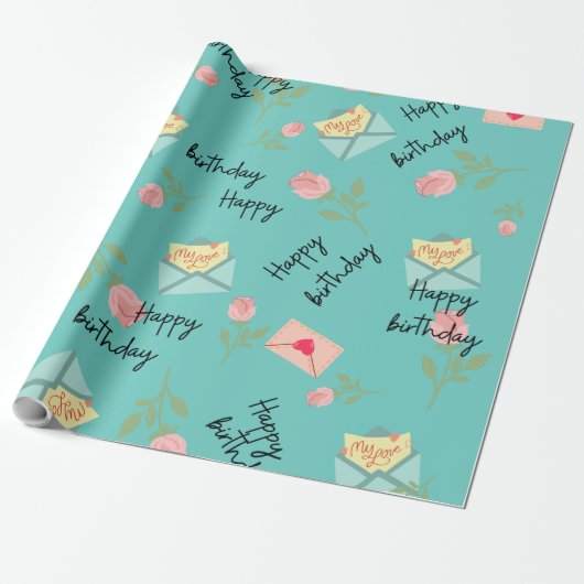 Modern Cute blue Happy jarig Cadeaupapier (Uitgerold)