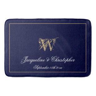 Modern Cute Blue Monogram Names Pas getrouwd Weddi Badmat