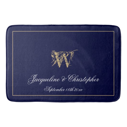 Modern Cute Blue Monogram Names Pas getrouwd Weddi Badmat (Voorkant)
