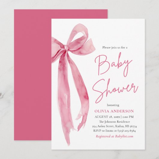 Modern Cute Blush Pink Bow Baby Shower Kaart (Voorkant / Achterkant)