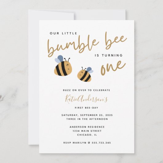 Modern Cute Bumblebee First Birthday Invitation Kaart (Voorkant)
