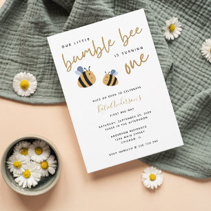 Modern Cute Bumblebee First Birthday Invitation Kaart