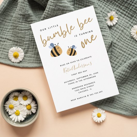 Modern Cute Bumblebee First Birthday Invitation Kaart