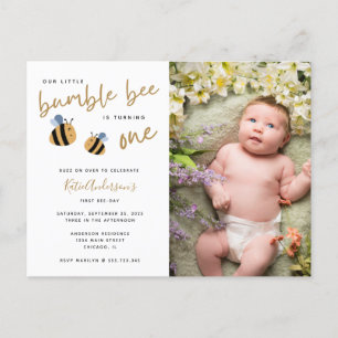 Modern Cute Bumblebee First Birthday Invitation Uitnodiging Briefkaart