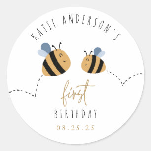 Modern Cute Bumblebee First Birthday Ronde Sticker