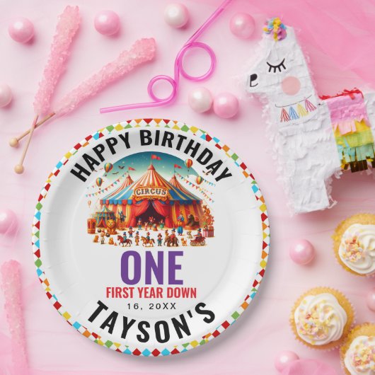 Modern Cute Circus Carnival 1st Birthday Papieren Bordje (Feest)