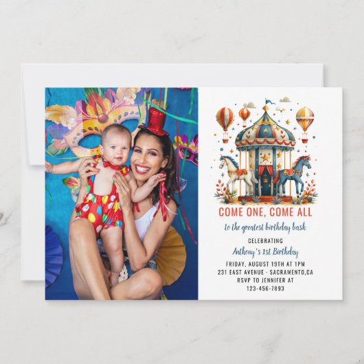 Modern Cute Circus Carnival Festival 1e verjaardag Kaart (Voorkant)