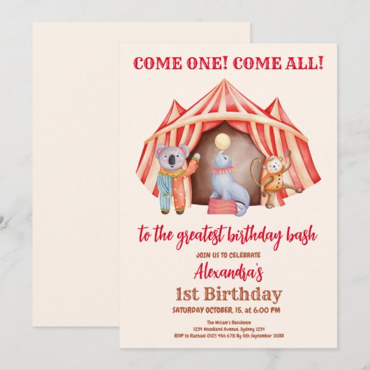 Modern Cute Circus Carnival Festival 1e verjaardag Kaart (Voorkant / Achterkant)