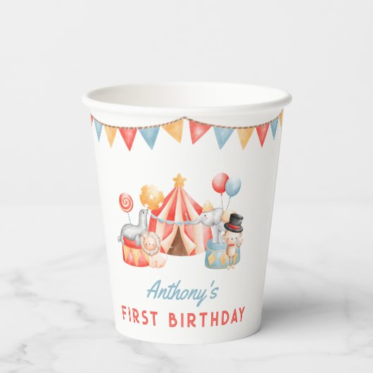 Modern Cute Circus Carnival Fiesta First Birthday Papieren Bekers (Achterkant)