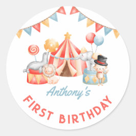 Modern Cute Circus Carnival Fiesta First Birthday Ronde Sticker