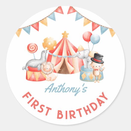 Modern Cute Circus Carnival Fiesta First Birthday Ronde Sticker (Voorkant)