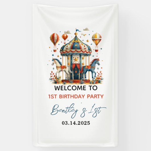 Modern Cute Circus Carnival Fiesta First Birthday Spandoek (Verticaal)
