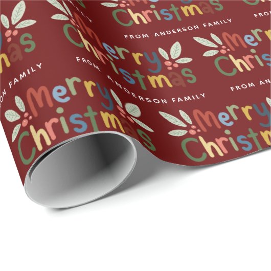 Modern Cute Colorful Merry Kerstmaroon Cadeaupapier (Rol Hoek)