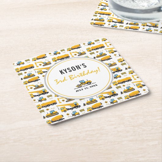 Modern Cute Construction Trucks Boy Birthday Kartonnen Onderzetters (Schuin)