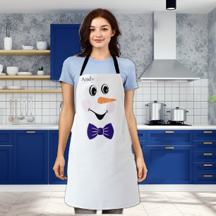 Modern Cute Custom Snowman Face Blue Bowtie Apron Schort
