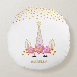 Modern, Cute Eenhoorn, Bloemen & Gouden Confetti Rond Kussen