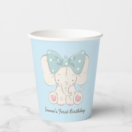 Modern Cute Elephant First Birthday Papieren Bekers (Voorkant)