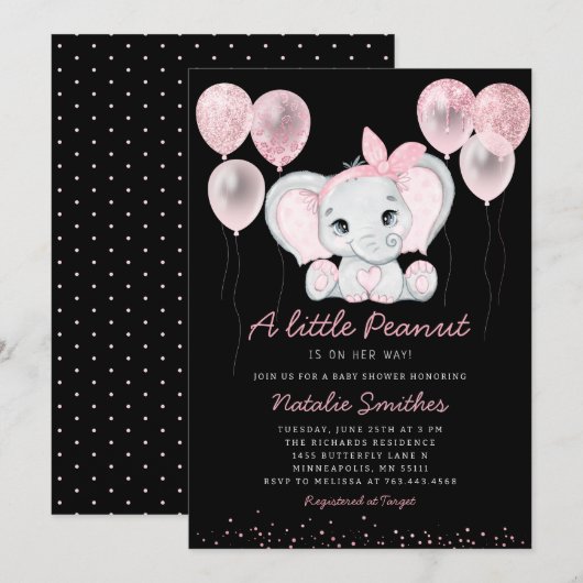 Modern Cute Elephant Girl Balloons Baby shower Inv Kaart (Voorkant / Achterkant)