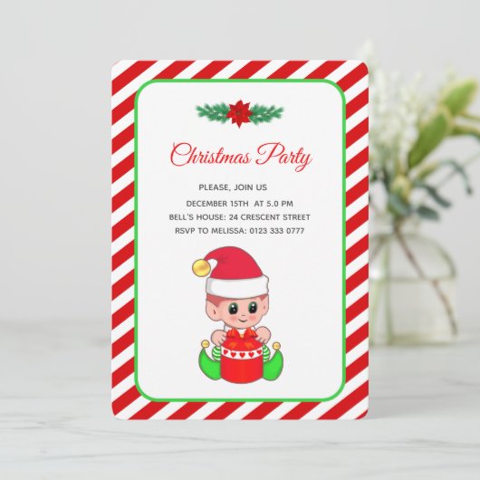 Modern Cute Elf op de Rode & Witte Kerst Kaart (Staand voorkant)