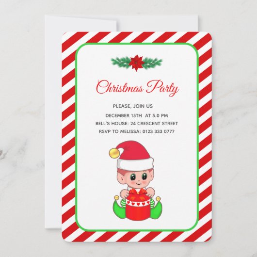 Modern Cute Elf op de Rode & Witte Kerst Kaart (Voorkant)