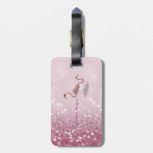 Modern Cute Flamingos Glitter Bokeh - Gepersonalis Bagagelabel (Achterkant verticaal)