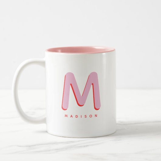 Modern Cute Fun Custom Name 3D Monogram Tweekleurige Koffiemok (Links)