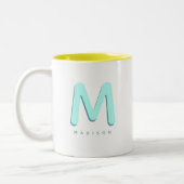 Modern Cute Fun Custom Name 3D Monogram Tweekleurige Koffiemok (Links)