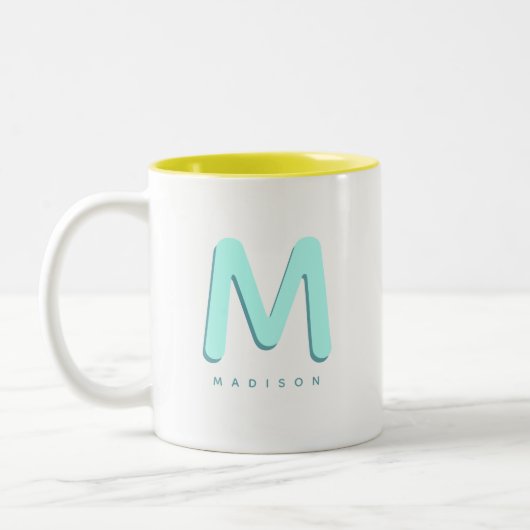 Modern Cute Fun Custom Name 3D Monogram Tweekleurige Koffiemok (Links)