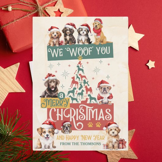 Modern Cute Hond We Woof Je een Prettig Kerstfeest Feestdagenkaart