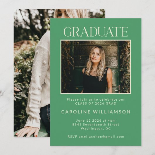 Modern Cute Kelly Green Two Photo Graduparty Kaart (Voorkant / Achterkant)