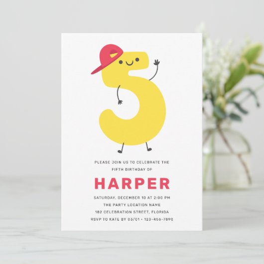 Modern Cute Kinder 5e verjaardag Uitnodiging (Staand voorkant)
