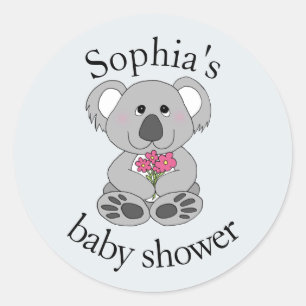 Modern Cute Koala Beer Cartoon Name Baby shower Ronde Sticker