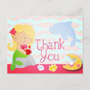 Modern Cute Mermaid Pink Birthday Party Bedankt Briefkaart