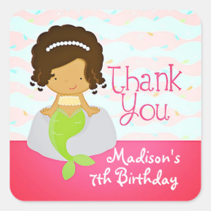 Modern Cute Mermaid Pink Birthday Party Bedankt Vierkante Sticker