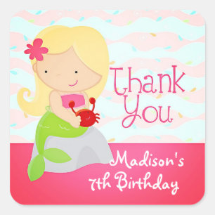 Modern Cute Mermaid Pink Birthday Party Bedankt Vierkante Sticker