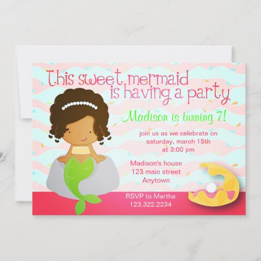 Modern Cute Mermaid Pink Birthday Party Invitation Kaart (Voorkant)