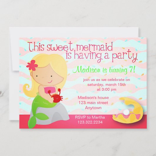 Modern Cute Mermaid Pink Birthday Party Invitation Kaart (Voorkant)