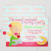 Modern Cute Mermaid Pink Birthday Party Invitation Kaart (Voorkant / Achterkant)