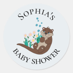 Modern Cute Otter Cartoon Flowers Name Baby shower Ronde Sticker