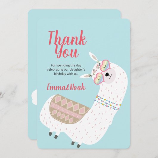 Modern Cute Party Llama Cactus Birthday Dank je Bedankkaart (Voorkant / Achterkant)