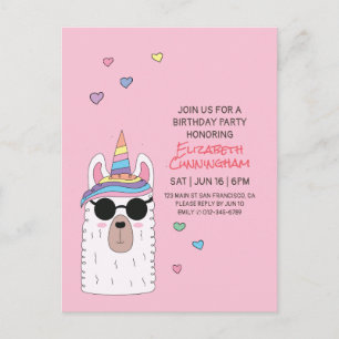 Modern Cute Party Llamacorn Birthday Uitnodiging Briefkaart